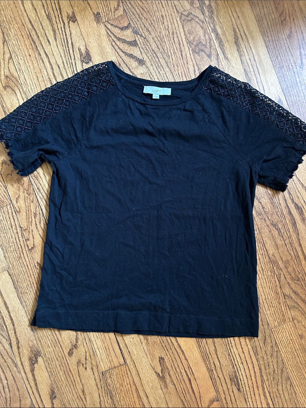 LOFT Black Short Sleeve Top with Lace Shoulders